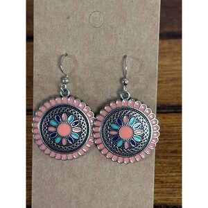 Boho Round Flower Earrings Coral Blue Green Silver Tone Dangle